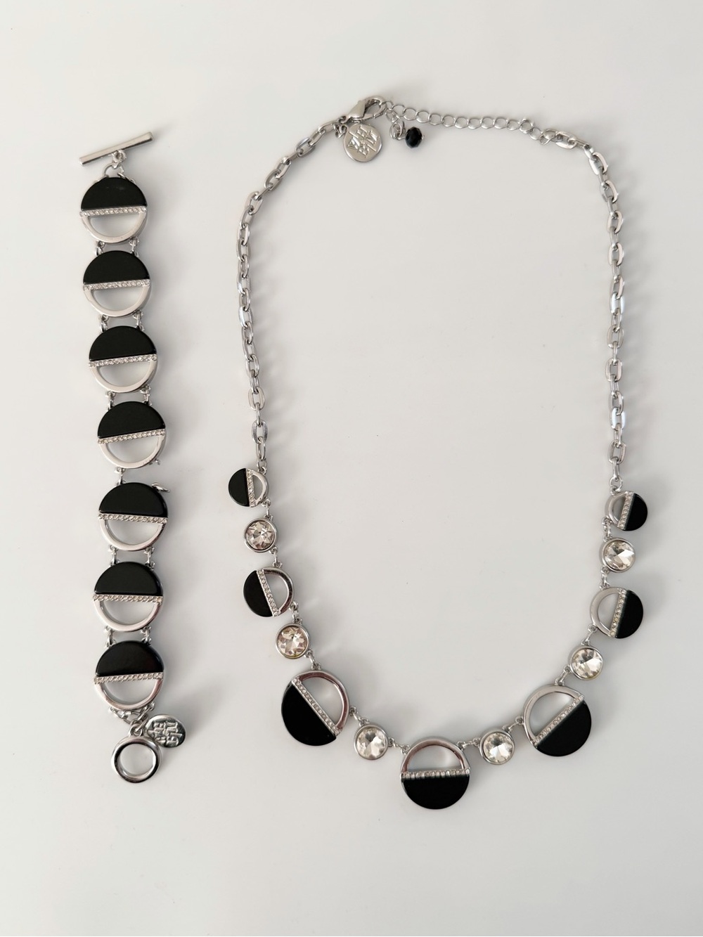 WHBM Round Link Black Silver Tone Necklace & Bracelet